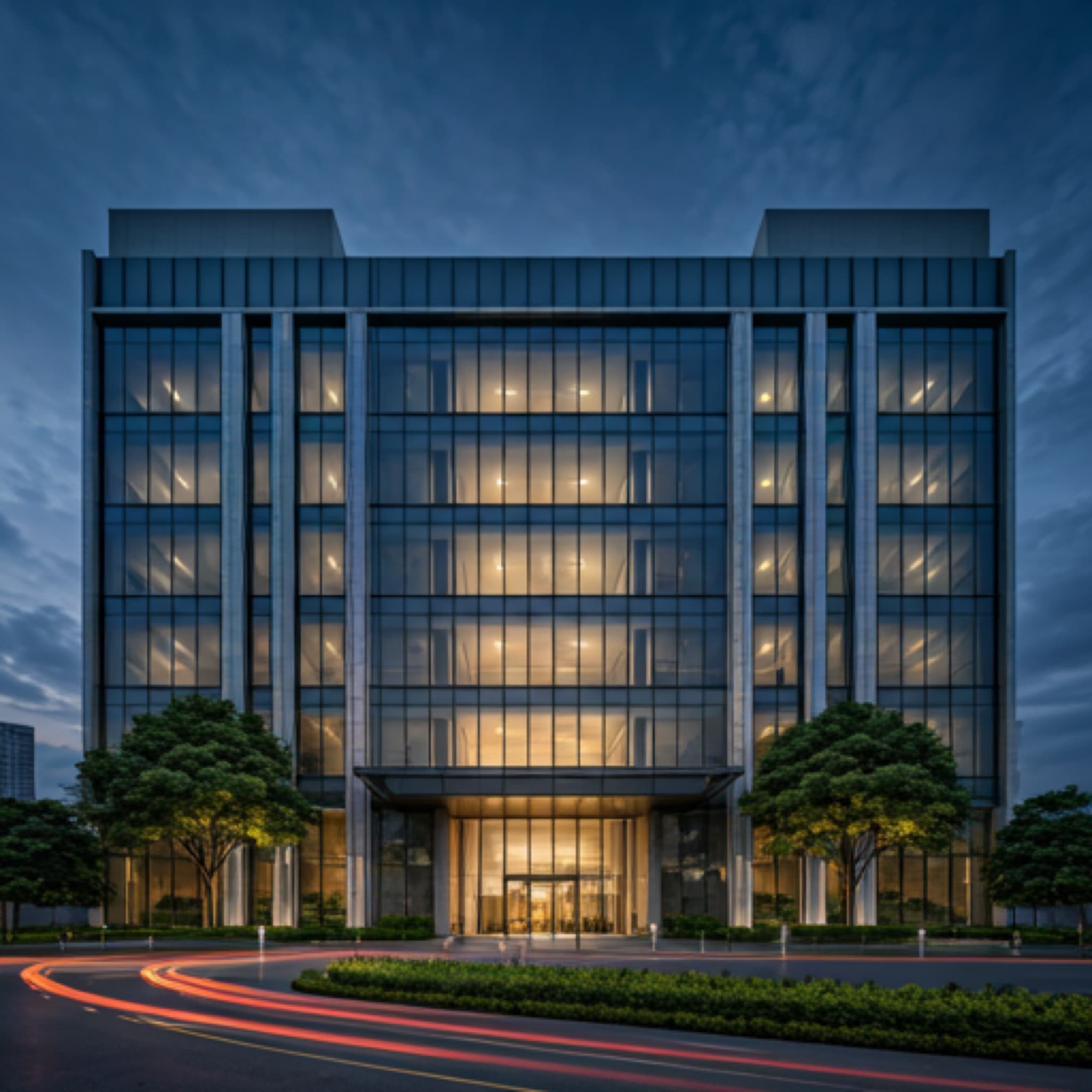 Modern corporate headquarters at dusk