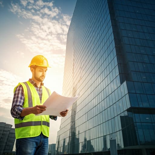 Professional engineer reviewing architectural blueprints on a modern construction site